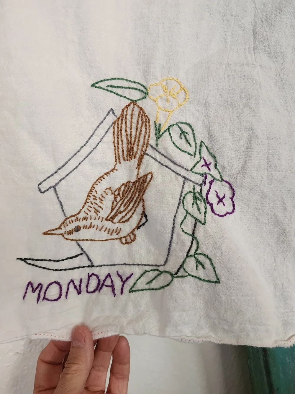 8 Vintage Embroidered Birds & Day Of The Week White Tea Towels